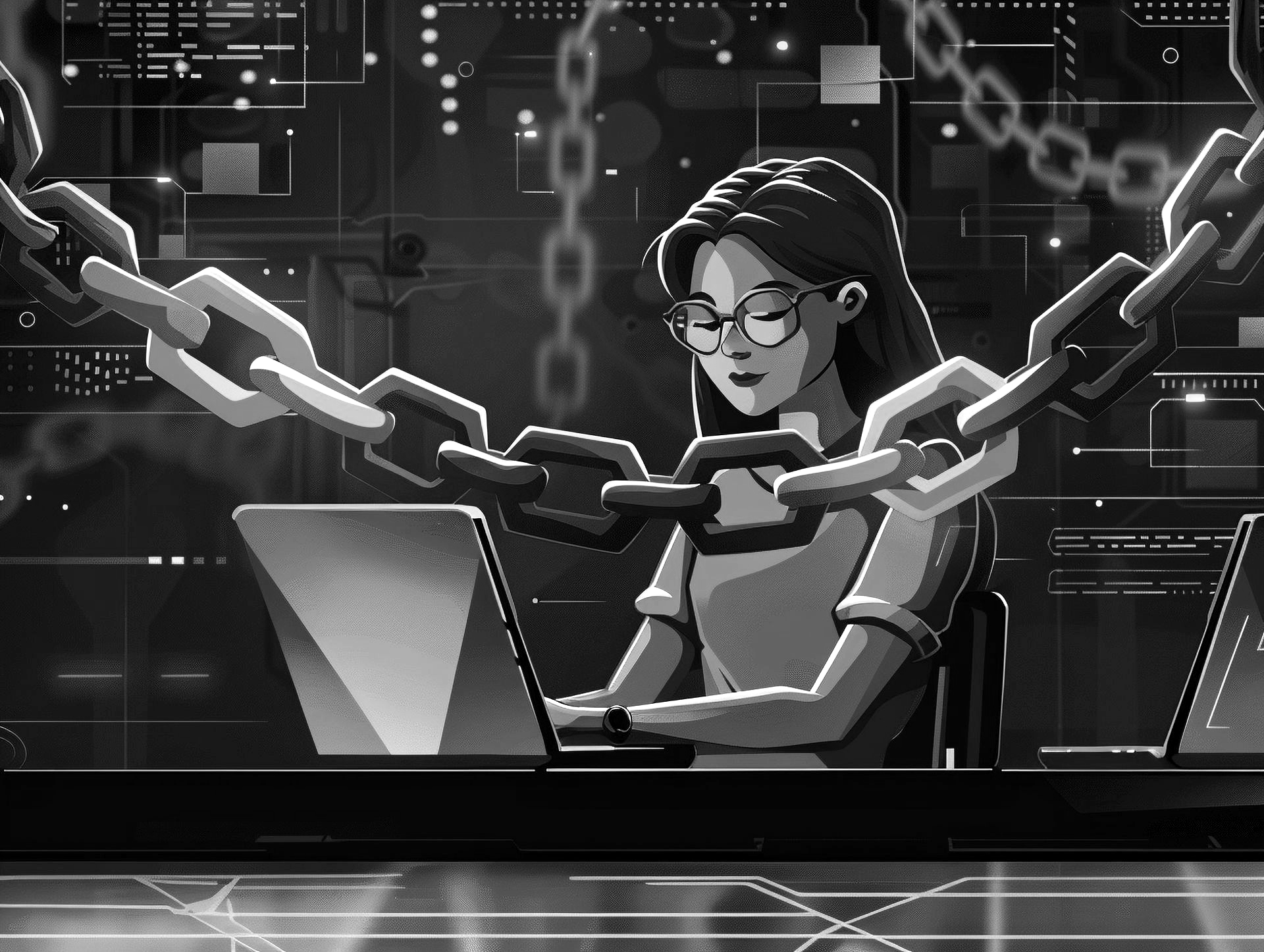 black and white image of working girl on her laptop , chain in the front and portrait behind representing red teaming.