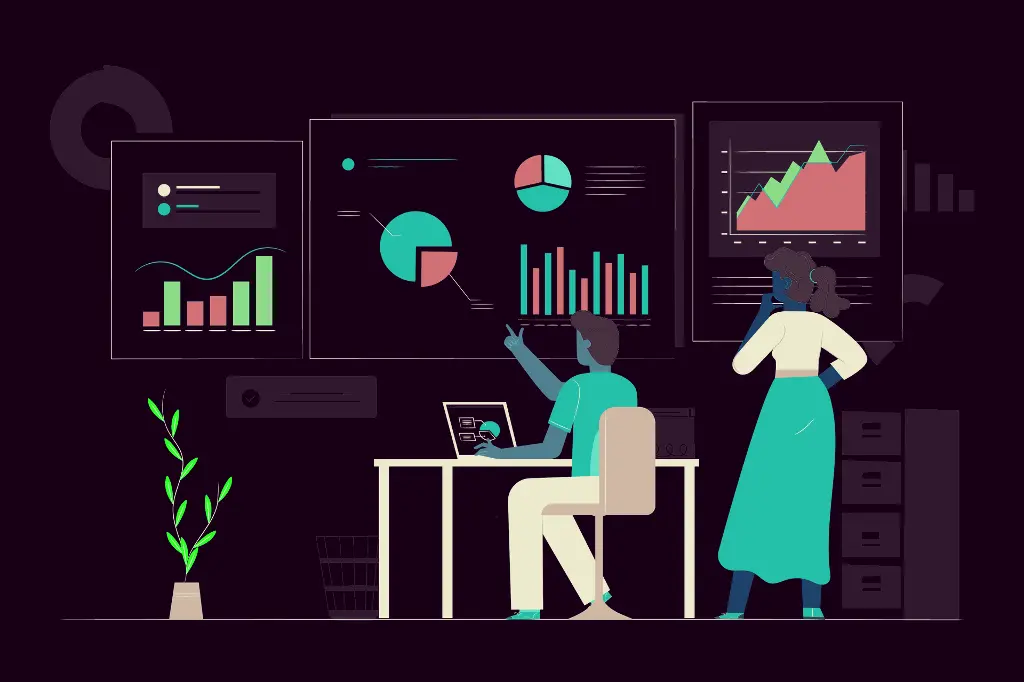 image depicting two worker analysis the data like pie chart, graphs and chart.