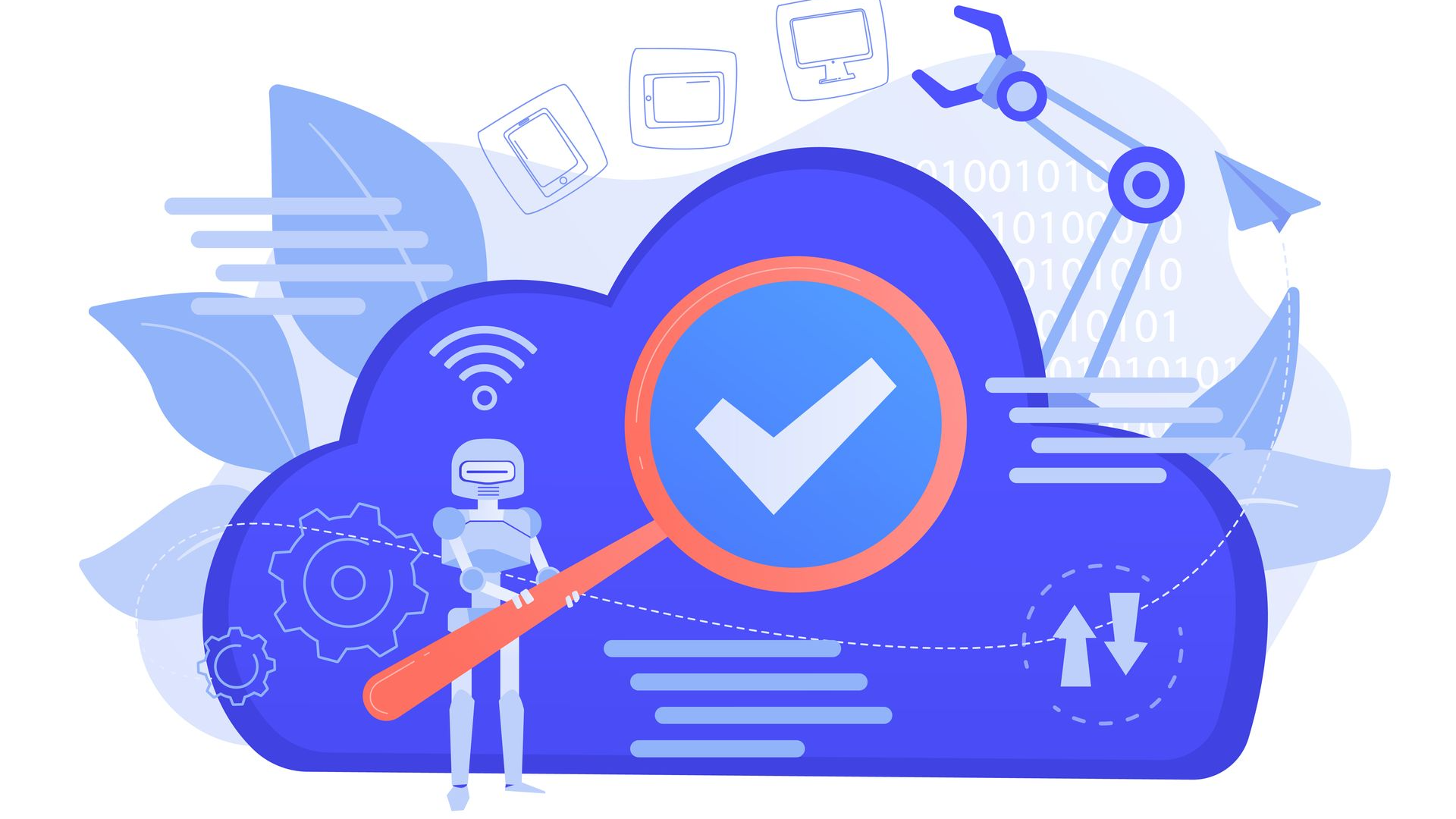 illustration of cloud computing with robot verifying it, all features are drawn in surrounding of cloud.