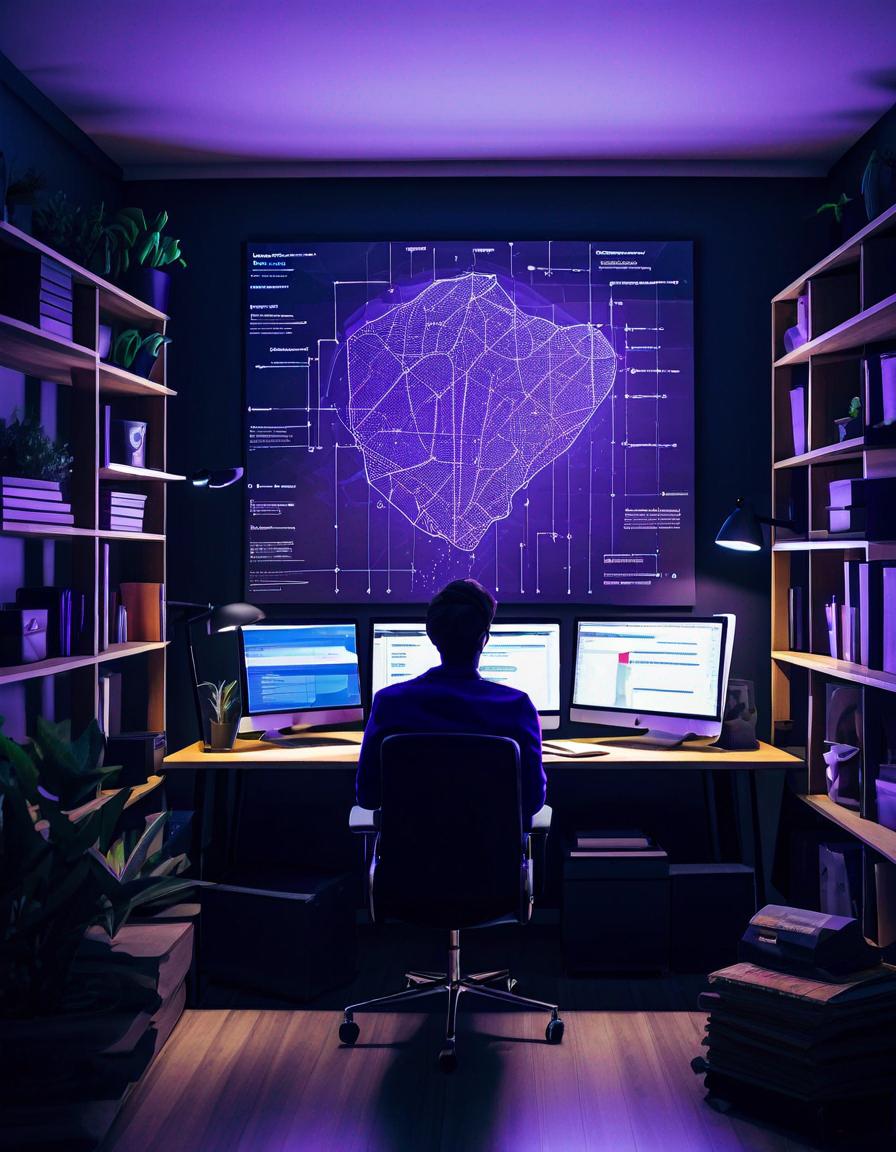 An individual working at a desk with three screens shows the hard word, He is doing.