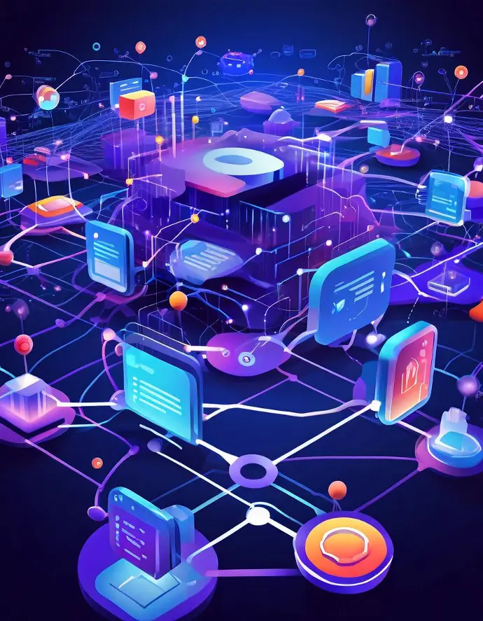  Abstract network of devices connecting, representing information shared through blogs.