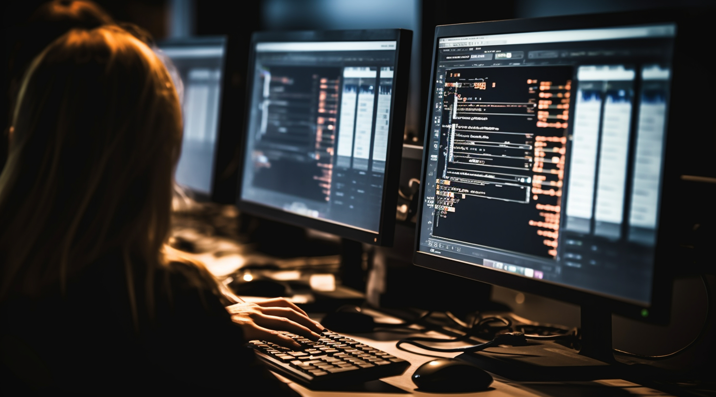 Security Operation Center where multiple computers are present showing dashboard of SIEM for monitoring the threat.